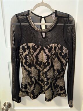 Black & Gold Embroidered Mesh Peplum Top